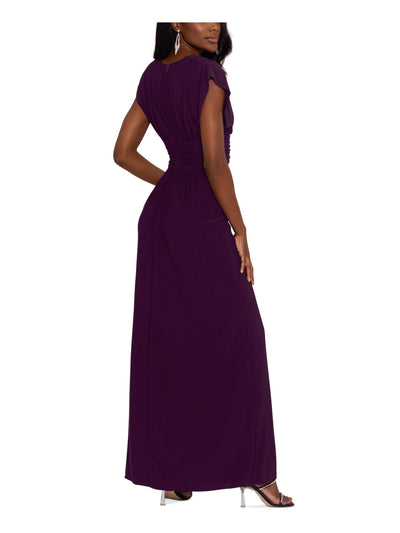BETSY & ADAM Womens Burgundy Gathered Zippered Thigh-high Slit Lined Short Sleeve V Neck Maxi Evening Gown Dress 12