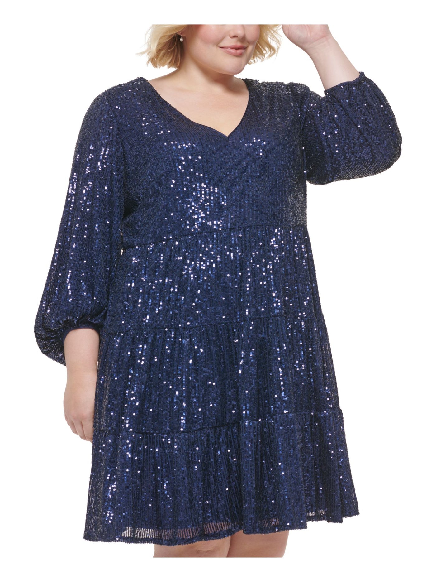 ELIZA J Womens Navy Sequined Zippered Tiered Lined Pocketed 3/4 Sleeve V Neck Above The Knee Evening Fit + Flare Dress Plus 20W