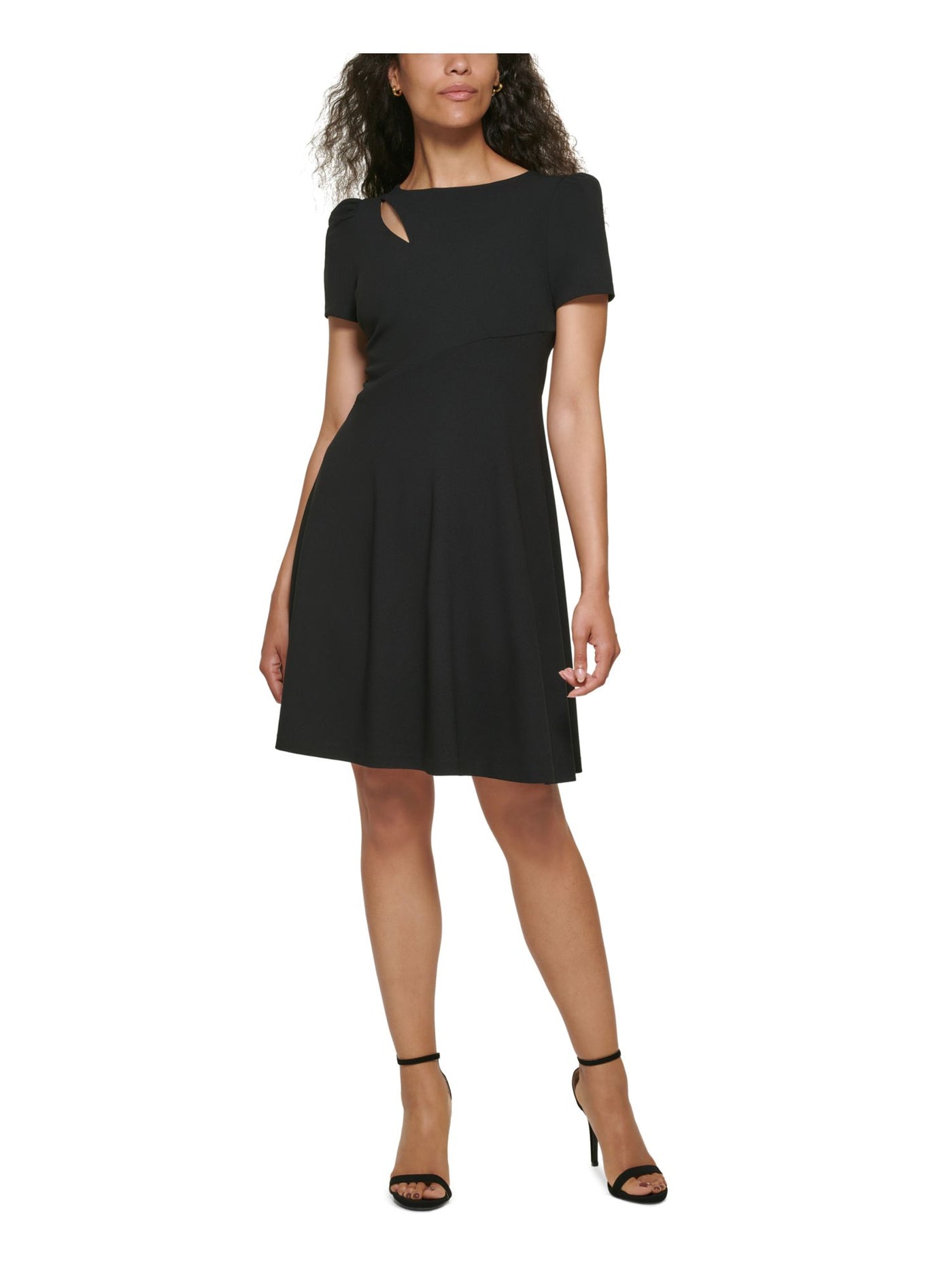 DKNY Womens Black Cut Out Zippered Unlined Asymmetrical Short Sleeve Round Neck Above The Knee Fit + Flare Dress Petites 8P
