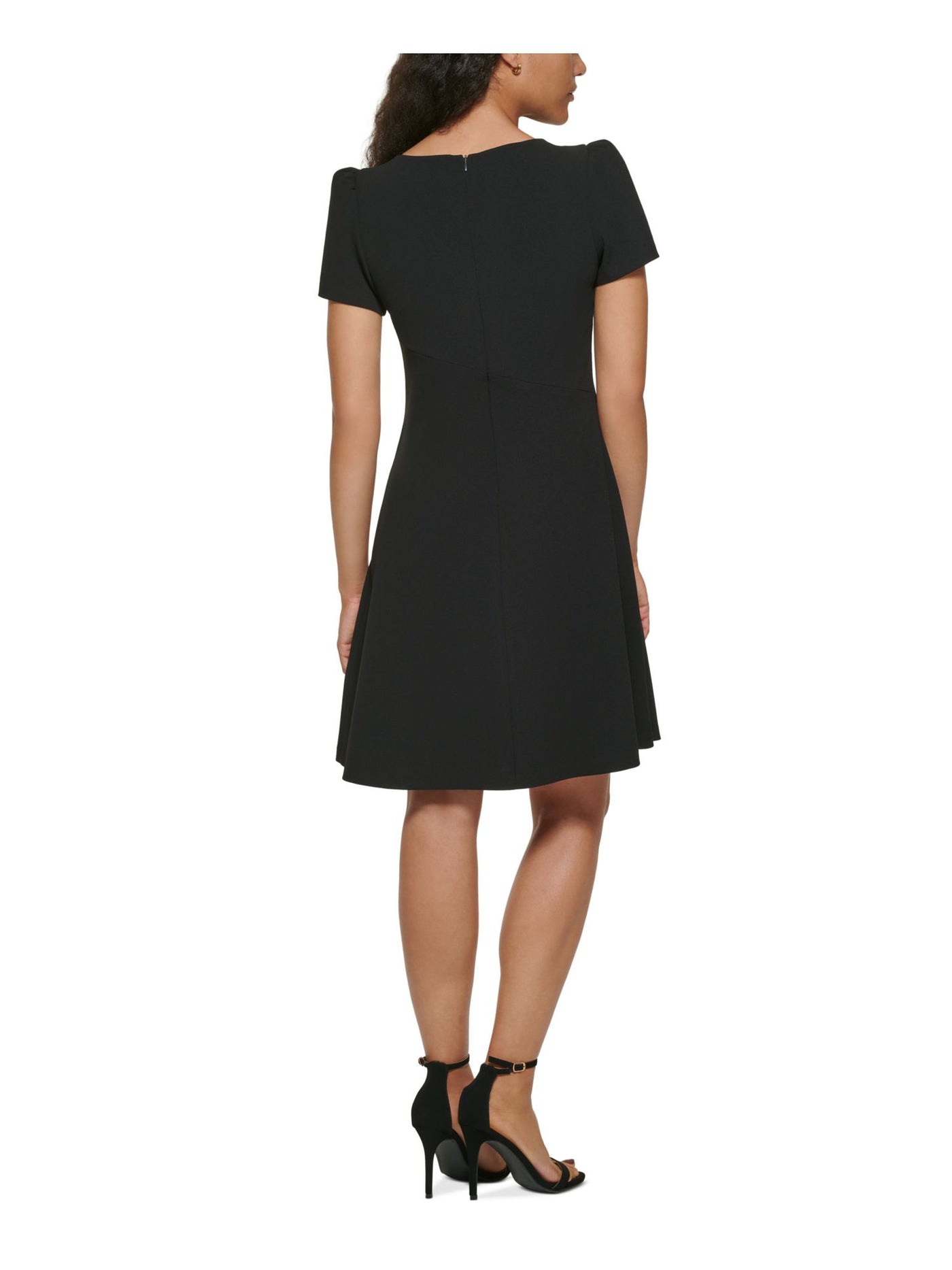 DKNY Womens Black Cut Out Zippered Unlined Asymmetrical Short Sleeve Round Neck Above The Knee Fit + Flare Dress Petites 2P