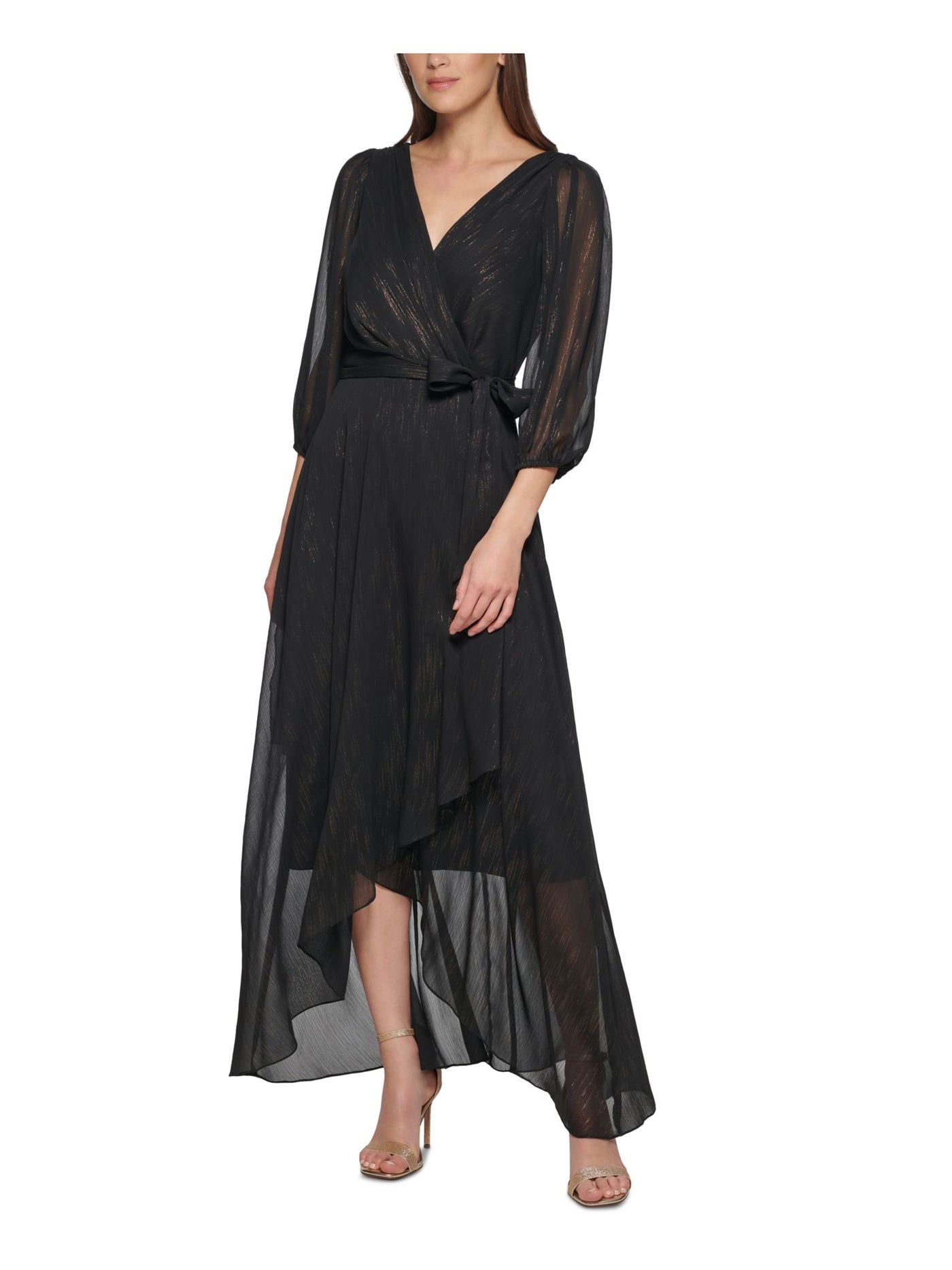 DKNY Womens Black Metallic Lined 3/4 Sleeve Surplice Neckline Maxi Cocktail Faux Wrap Dress 8