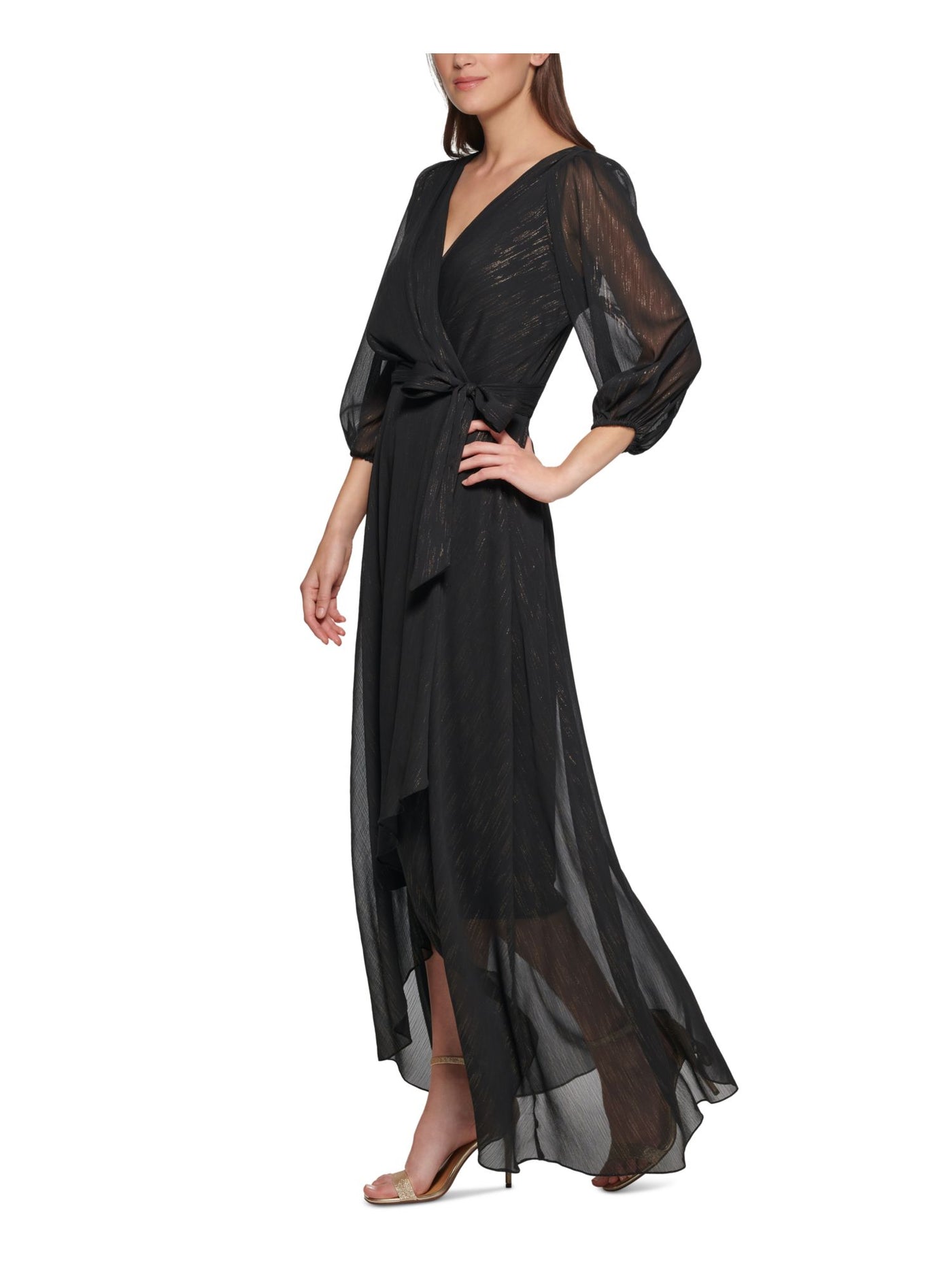 DKNY Womens Black Metallic Lined 3/4 Sleeve Surplice Neckline Maxi Cocktail Faux Wrap Dress 8