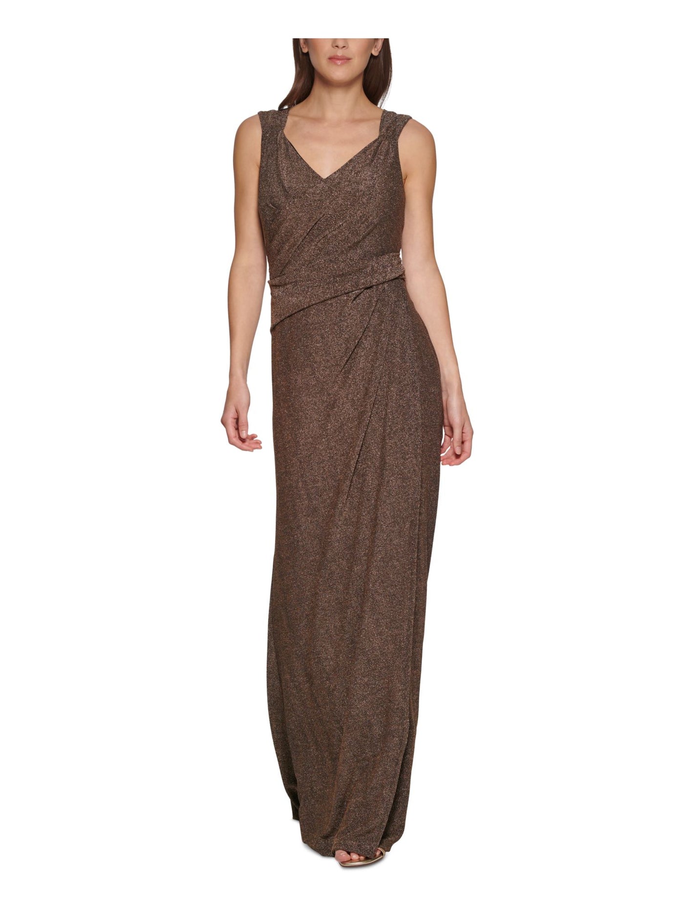 DKNY Womens Gold Ruched Zippered Draped Front Faux-wrap Skirt Sleeveless V Neck Full-Length Evening Gown Dress 10