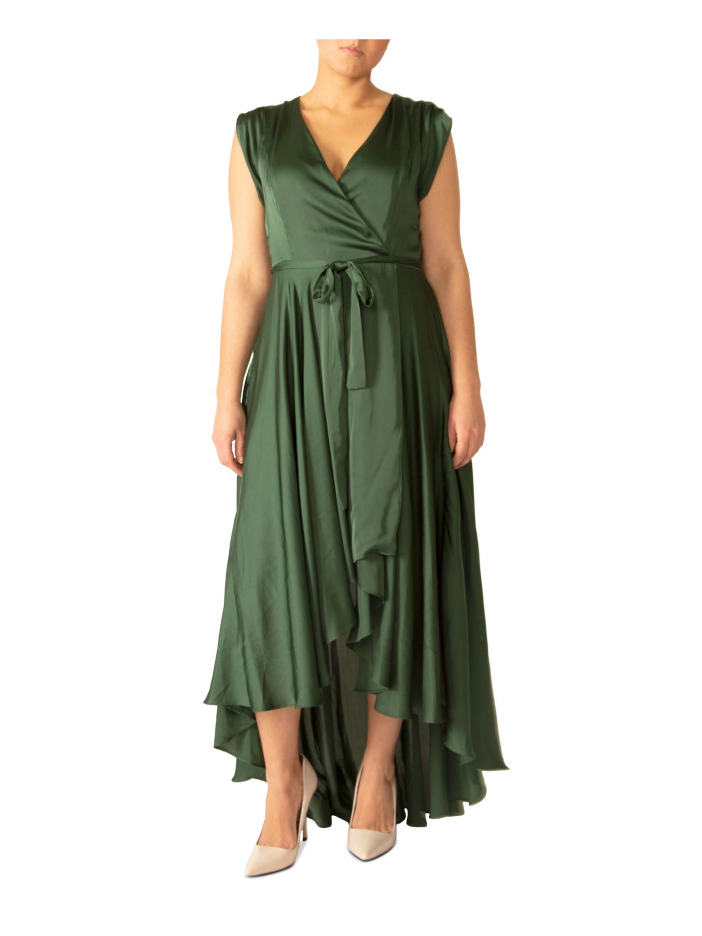 BLACK TAPE Womens Green Zippered Lined Tie Belt Flutter Sleeve Surplice Neckline Maxi Evening Hi-Lo Dress M