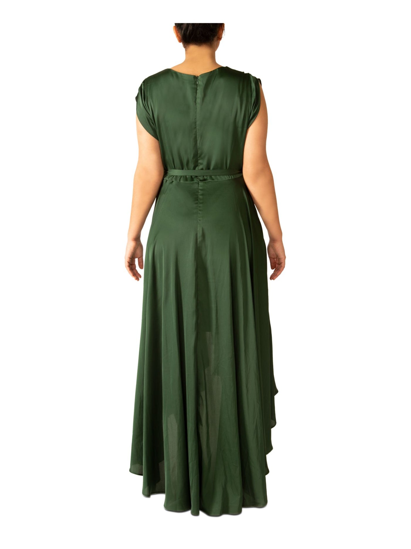 BLACK TAPE Womens Green Zippered Lined Tie Belt Flutter Sleeve Surplice Neckline Maxi Evening Hi-Lo Dress S