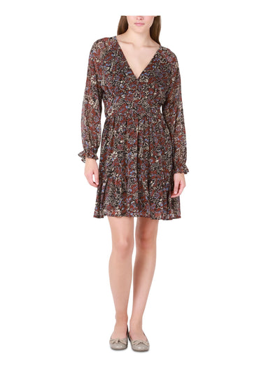 BLACK TAPE Womens Brown Lined Sheer Pullover Ruffled Floral Raglan Sleeve V Neck Above The Knee Fit + Flare Dress L