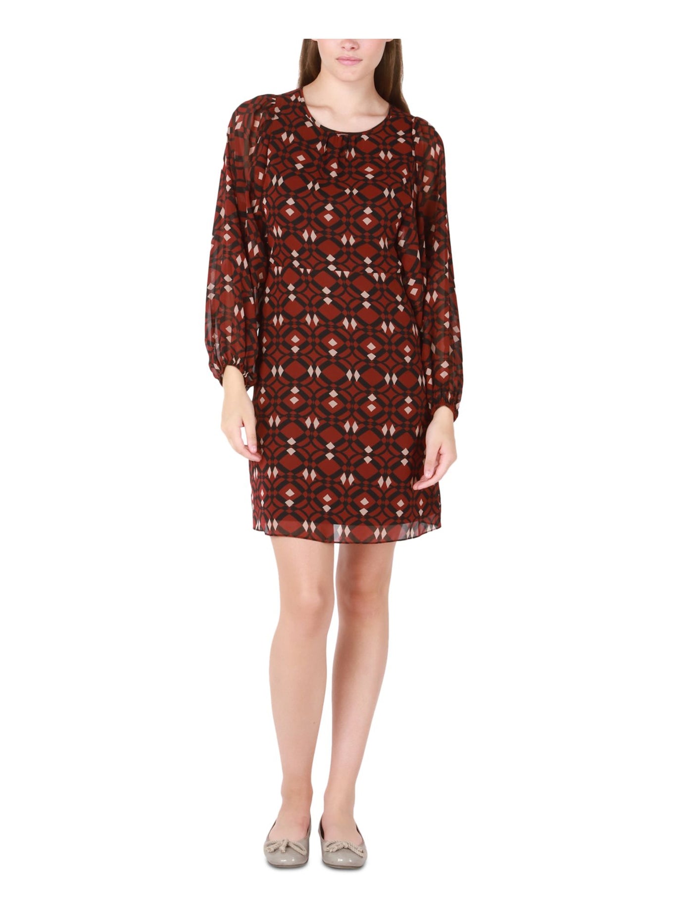 BLACK TAPE Womens Maroon Lined Zippered Printed Long Sleeve Round Neck Short Fit + Flare Dress S