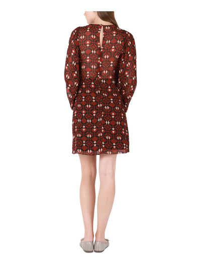BLACK TAPE Womens Maroon Lined Zippered Printed Long Sleeve Round Neck Short Fit + Flare Dress S