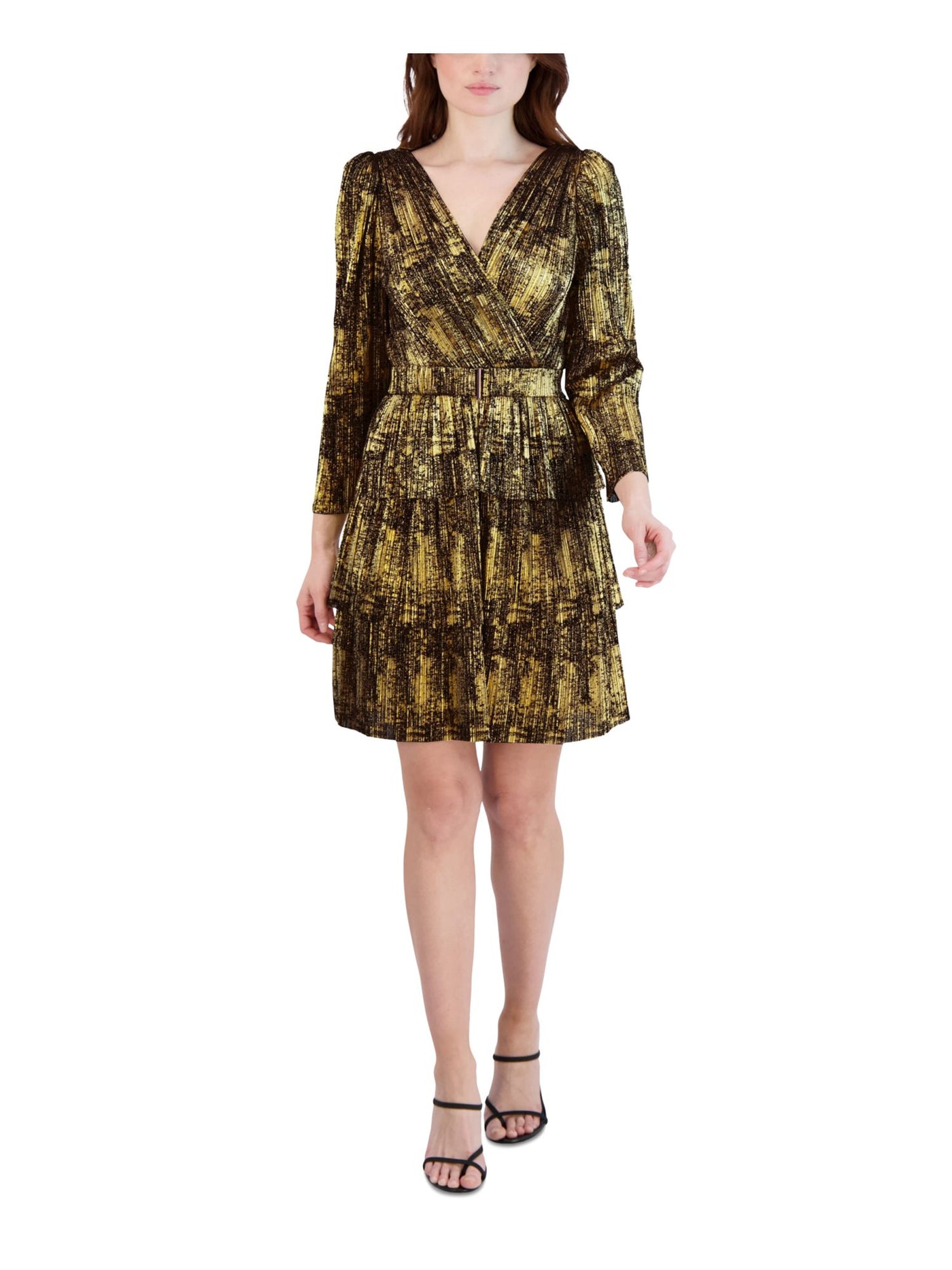 BCBGENERATION Womens Gold Zippered Lined Belted Textured Tiered Printed 3/4 Sleeve Surplice Neckline Above The Knee Evening Fit + Flare Dress 14