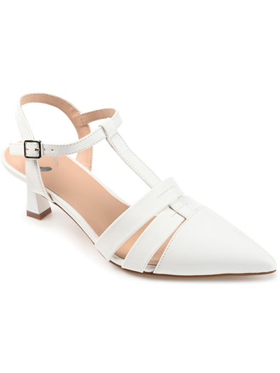 JOURNEE COLLECTION Womens White T-Strap Padded Jazlynn Pointed Toe Kitten Heel Buckle Dress Pumps Shoes 9.5
