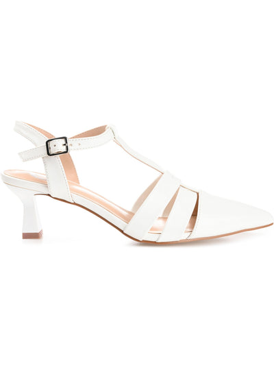 JOURNEE COLLECTION Womens White T-Strap Padded Jazlynn Pointed Toe Kitten Heel Buckle Dress Pumps Shoes 9.5
