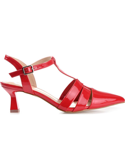 JOURNEE COLLECTION Womens Red T-Strap Padded Jazlynn Pointed Toe Kitten Heel Buckle Pumps Shoes 6