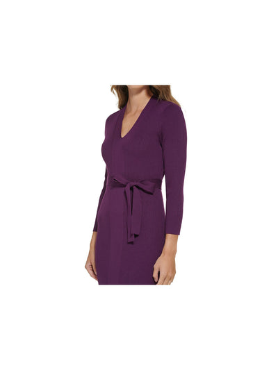 DKNY Womens Purple Ribbed Unlined Tie Belt Pullover Long Sleeve V Neck Knee Length Wear To Work Sweater Dress S