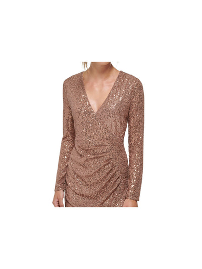 DKNY Womens Brown Sequined Zippered Lined Wrap Look Pleated Sheer Long Sleeve Surplice Neckline Knee Length Cocktail Sheath Dress 6