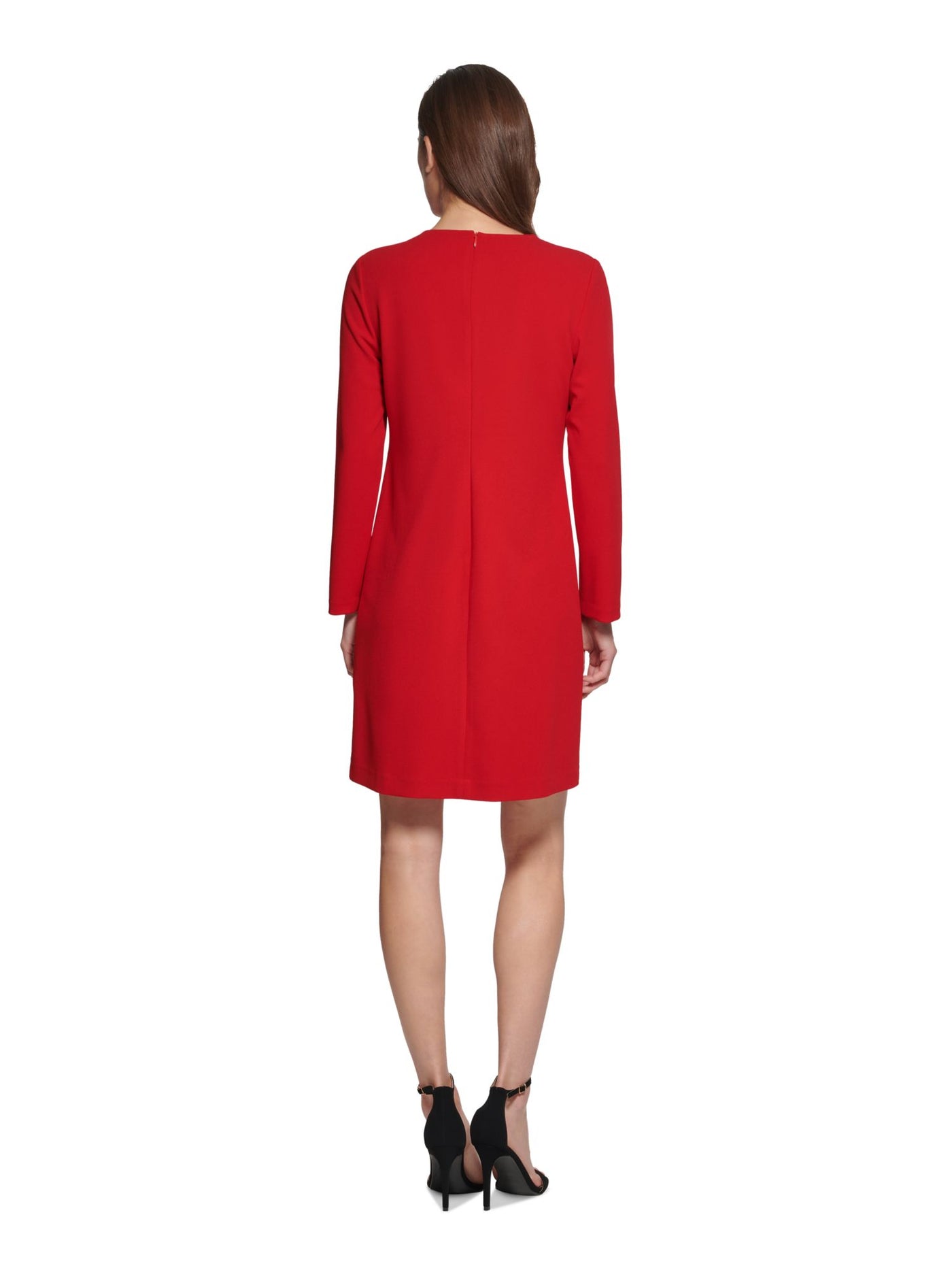 DKNY Womens Red Zippered Ruffled Unlined Darted Long Sleeve Round Neck Above The Knee Wear To Work Fit + Flare Dress 2
