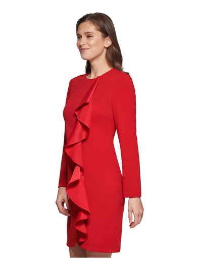 DKNY Womens Red Zippered Ruffled Unlined Darted Long Sleeve Round Neck Above The Knee Wear To Work Fit + Flare Dress 2