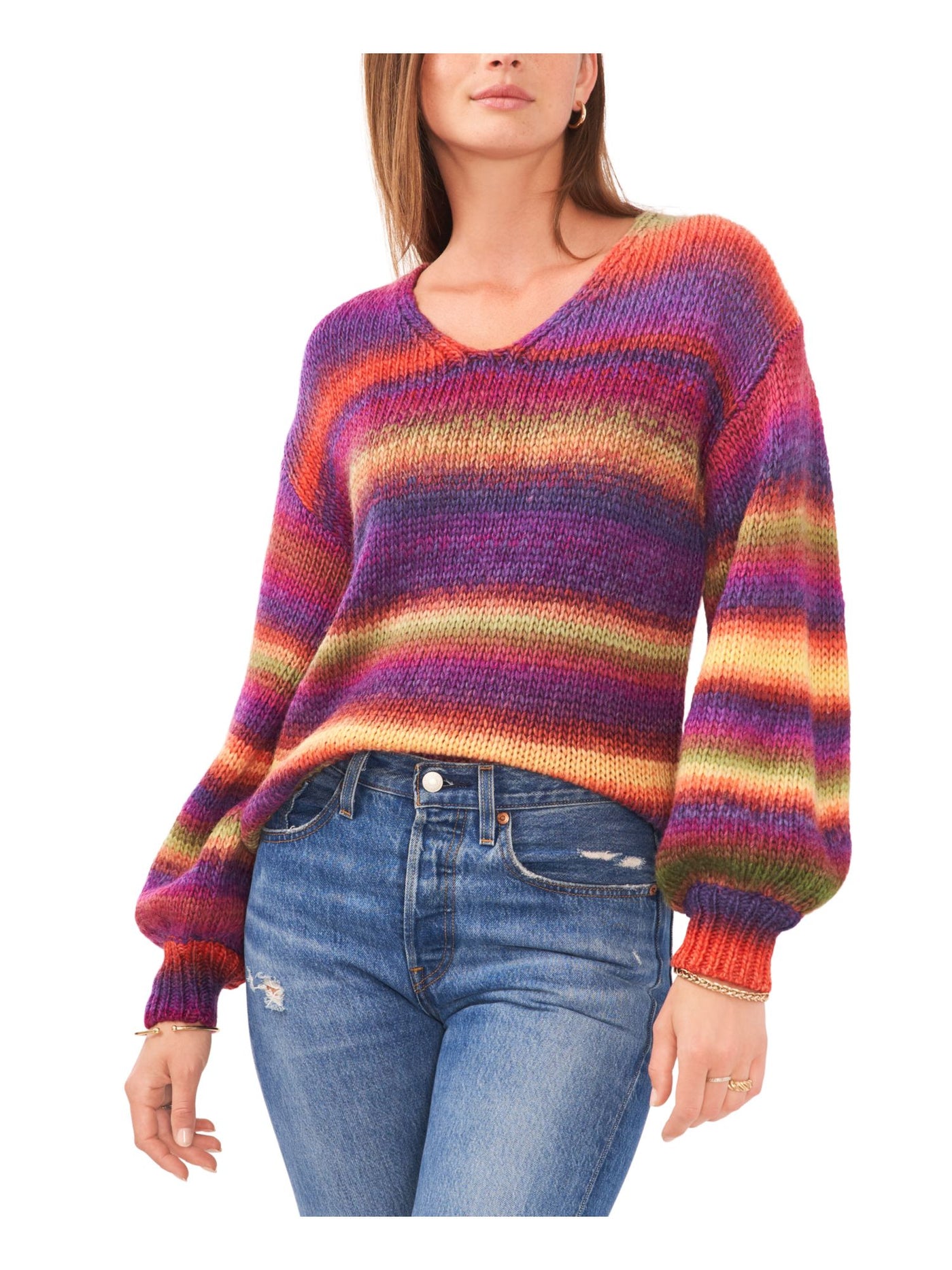 VINCE CAMUTO Womens Purple Striped Balloon Sleeve V Neck Sweater XL