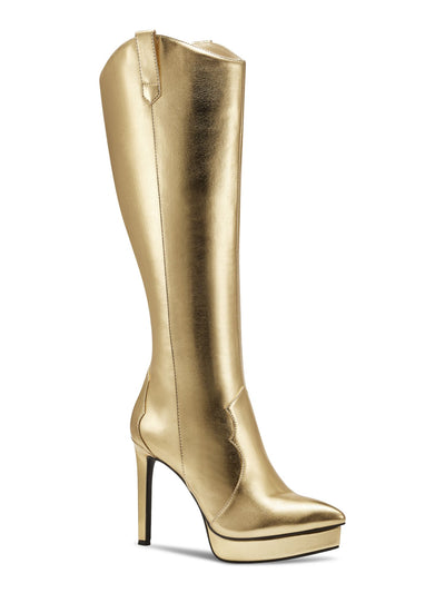 THALIA SODI Womens Gold 1" Platform Side Pull-Tabs Goring Padded Trixi Pointy Toe Stiletto Zip-Up Dress Boots 7.5 M