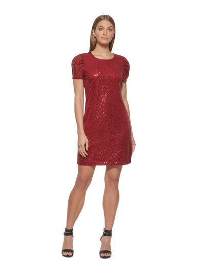 DKNY Womens Red Sequined Lined Keyhole Back Pullover Pouf Sleeve Round Neck Above The Knee Cocktail Sheath Dress 4