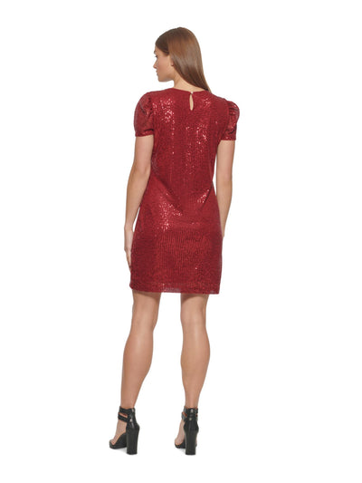 DKNY Womens Red Sequined Lined Keyhole Back Pullover Pouf Sleeve Round Neck Above The Knee Cocktail Sheath Dress 4