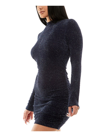 SPEECHLESS Womens Navy Ruched Pullover Long Sleeve Mock Neck Short Party Body Con Dress Juniors S