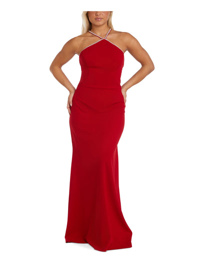 NIGHTWAY Womens Red Embellished Zippered Padded Lined Ruched Sleeveless Halter Full-Length Evening Gown Dress 8