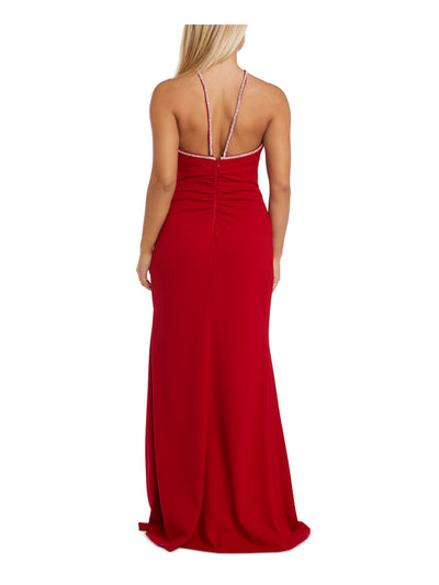 NIGHTWAY Womens Red Embellished Zippered Padded Lined Ruched Sleeveless Halter Full-Length Evening Gown Dress 8
