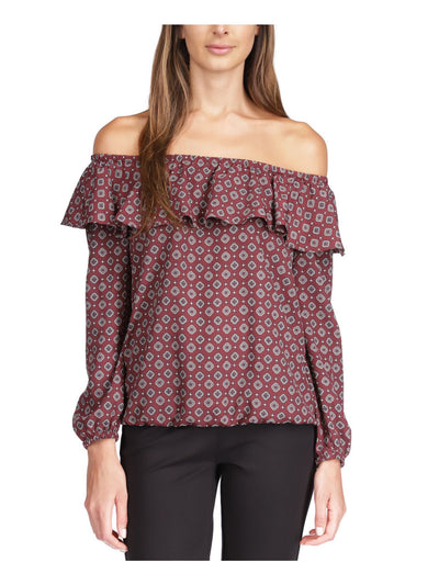MICHAEL MICHAEL KORS Womens Maroon Unlined Pullover Elasticized Printed Long Sleeve Off Shoulder Top S