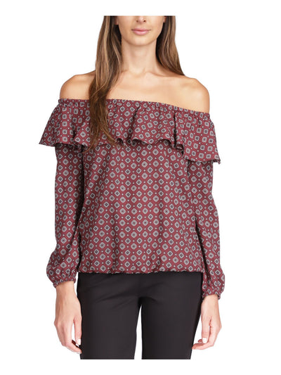 MICHAEL MICHAEL KORS Womens Burgundy Unlined Pullover Elasticized Printed Long Sleeve Off Shoulder Top P\XS