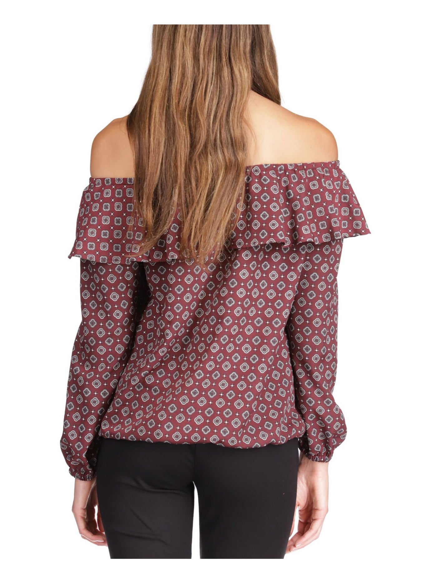 MICHAEL MICHAEL KORS Womens Burgundy Unlined Pullover Elasticized Printed Long Sleeve Off Shoulder Top P\XS