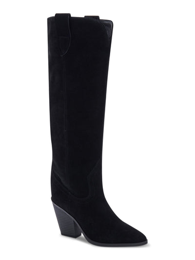 AQUA COLLEGE Womens Black Waterproof Winnie Pointy Toe Stacked Heel Zip-Up Leather Heeled Boots 11