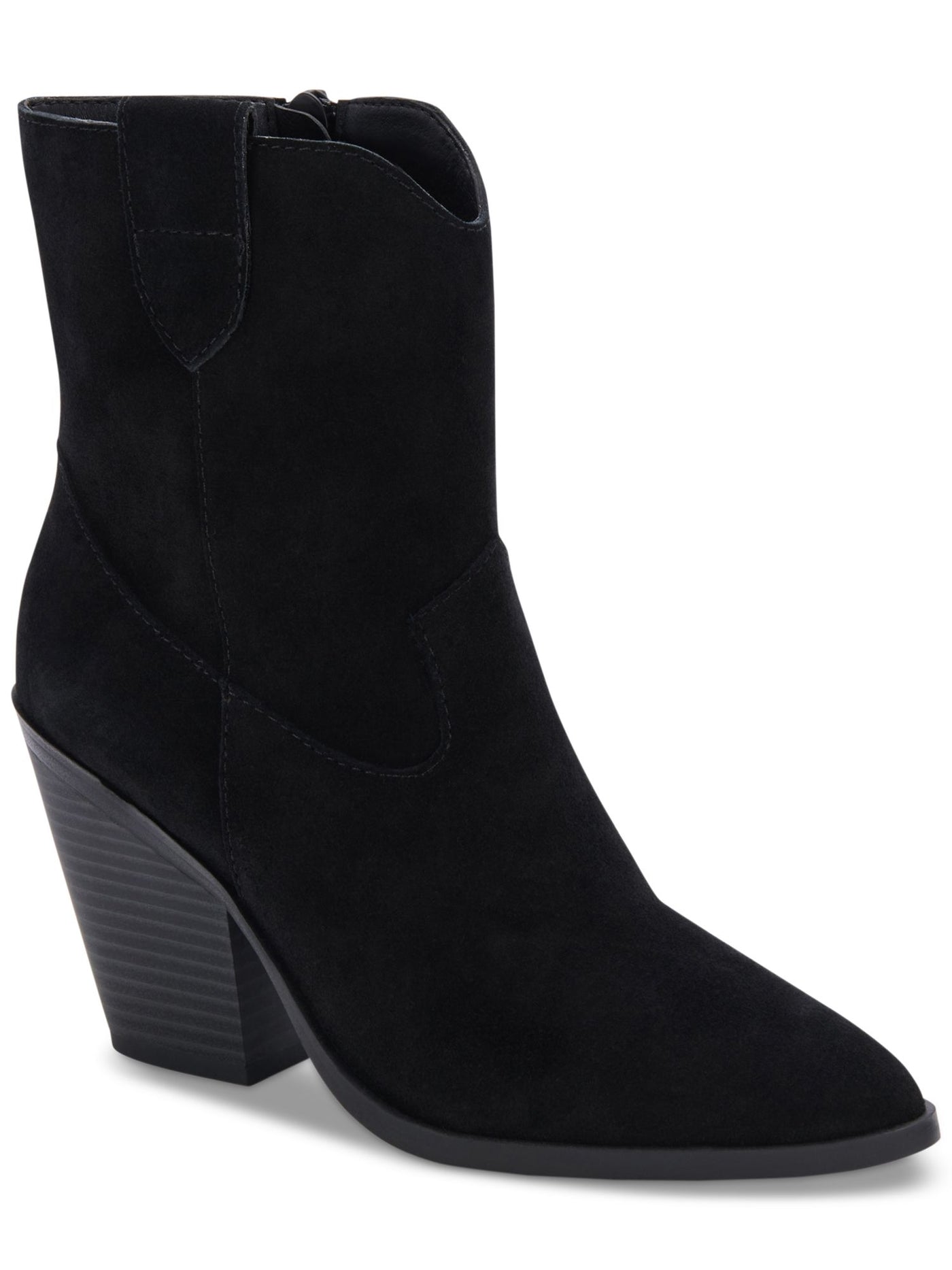AQUA COLLEGE Womens Black Pull Tab Padded Winder Pointed Toe Block Heel Zip-Up Leather Booties 7.5
