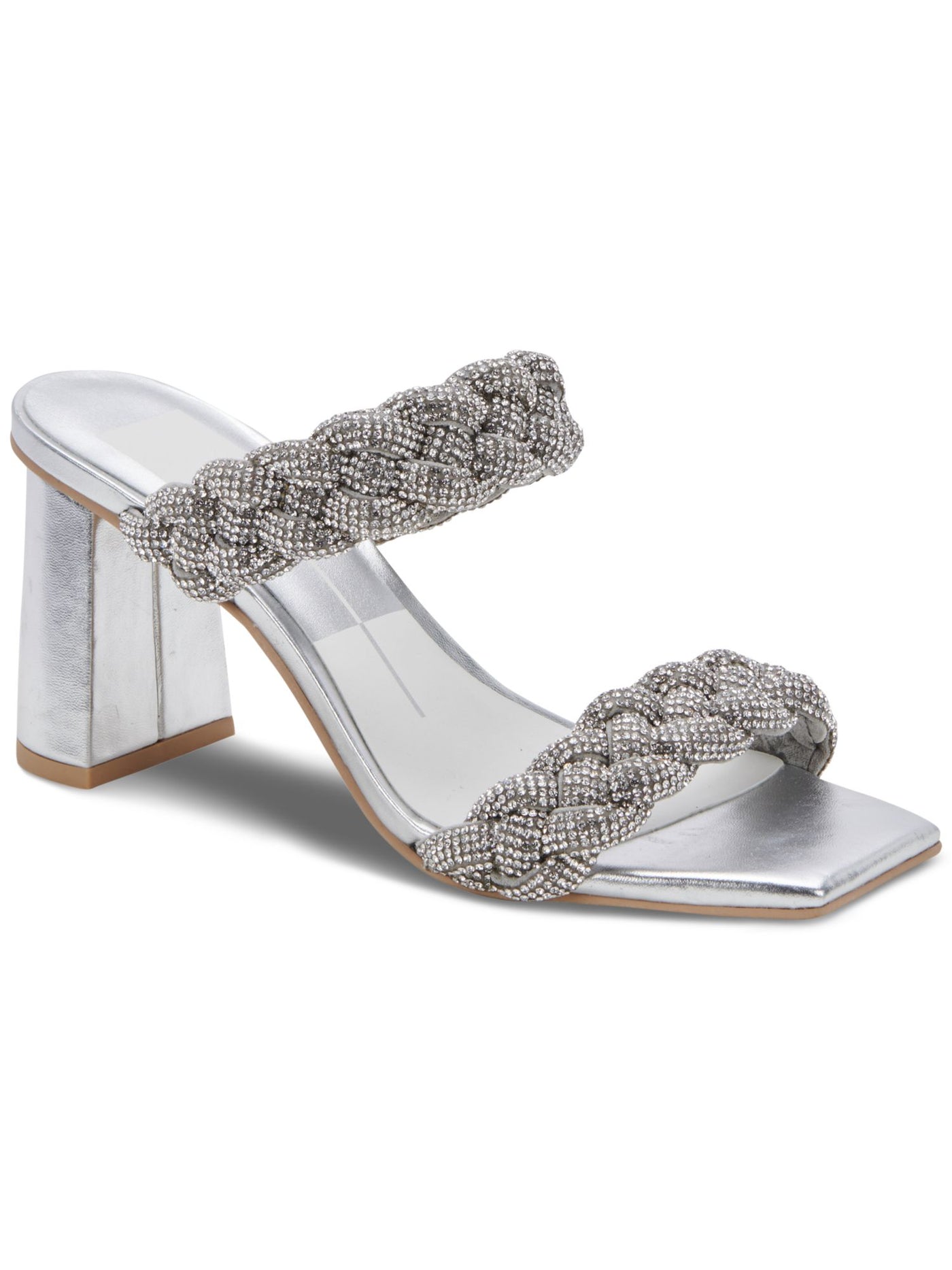 DOLCE VITA Womens Silver Padded Embellished Braided Paily Rhinestone Square Toe Block Heel Slip On Dress Heeled Sandal 8