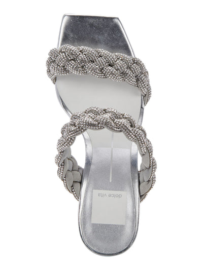 DOLCE VITA Womens Silver Padded Embellished Braided Paily Rhinestone Square Toe Block Heel Slip On Dress Heeled Sandal 8.5