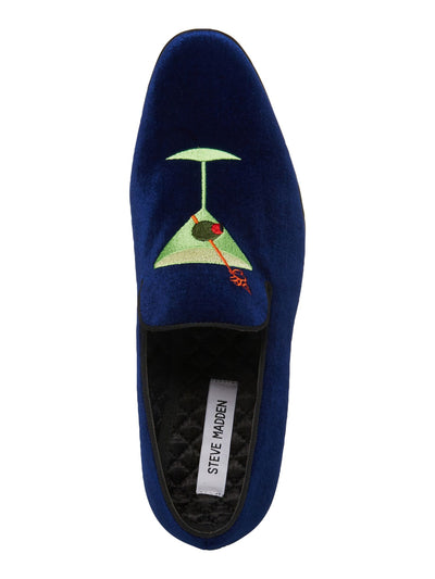 STEVE MADDEN Mens Blue Smoking Embroidered Martini Almond Toe Slip On Velvet Slippers Shoes 7.5 M