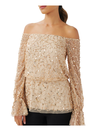 ADRIANNA PAPELL Womens Beige Sequined Zippered Lined Long Sleeve Off Shoulder Evening Top Plus 14W