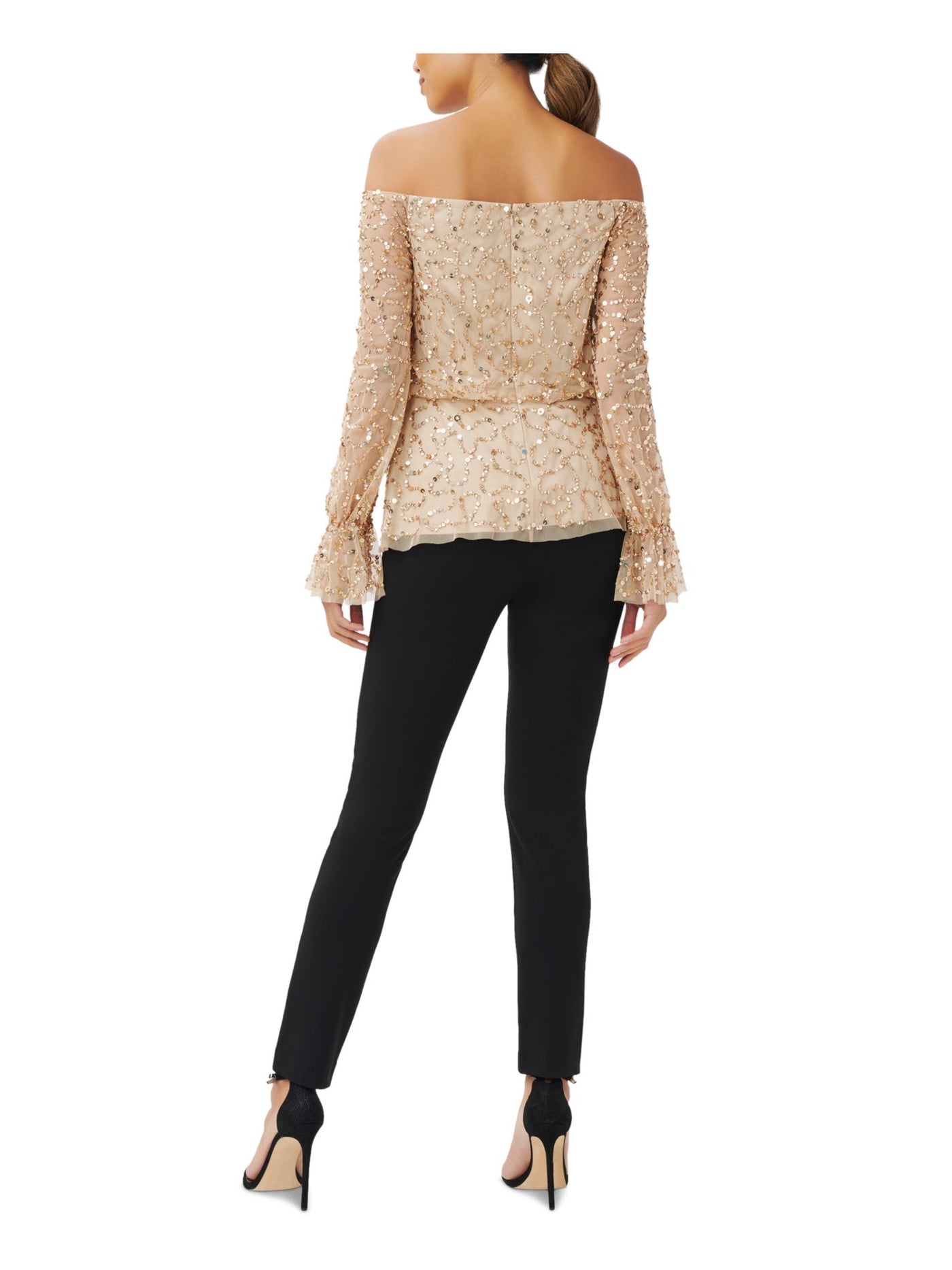 ADRIANNA PAPELL Womens Beige Sequined Zippered Lined Long Sleeve Off Shoulder Evening Top 8