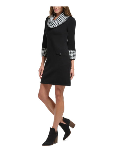 JESSICA HOWARD Womens Black Unlined Pullover Faux Pockets Houndstooth 3/4 Sleeve Cowl Neck Short Sweater Dress XL