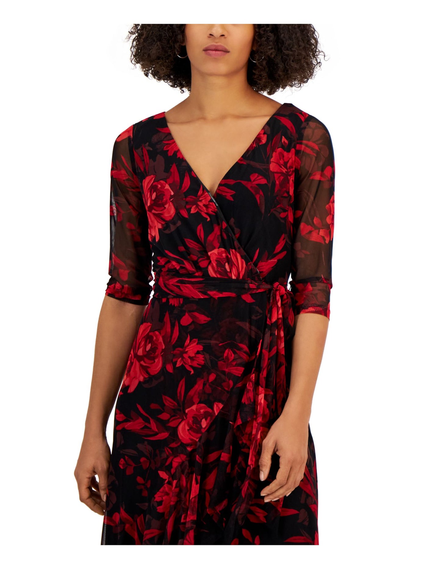 CONNECTED APPAREL Womens Red Lined Sheer Pullover Tie Belt Floral 3/4 Sleeve Surplice Neckline Midi Hi-Lo Dress 16