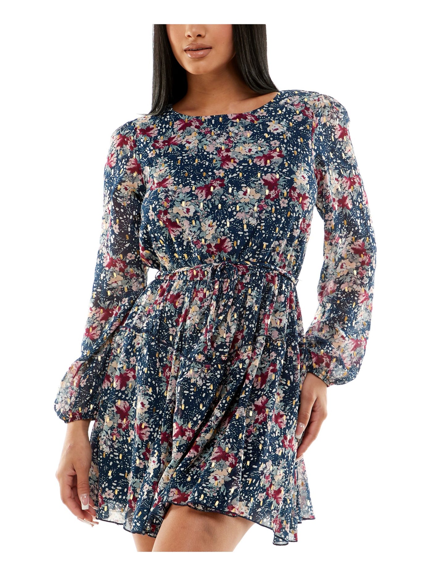 SPEECHLESS Womens Navy Lined Ruffled Pullover Keyhole Back Tie Belt Floral Long Sleeve Round Neck Short Fit + Flare Dress Juniors L