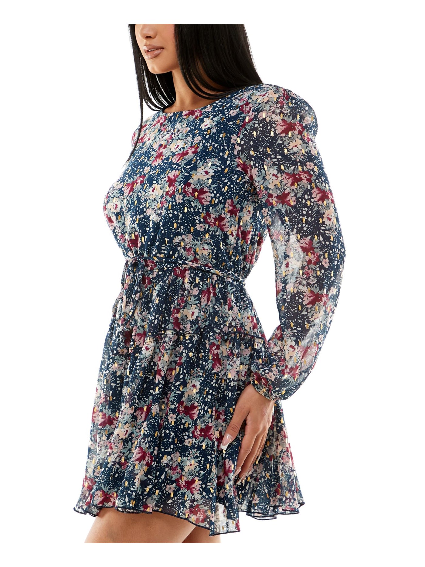 SPEECHLESS Womens Navy Lined Ruffled Pullover Keyhole Back Tie Belt Floral Long Sleeve Round Neck Short Fit + Flare Dress Juniors L