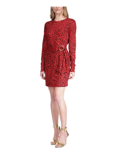 MICHAEL MICHAEL KORS Womens Red Unlined Hardware Tie Belt Pullover Animal Print Long Sleeve Round Neck Short Cocktail Faux Wrap Dress XL