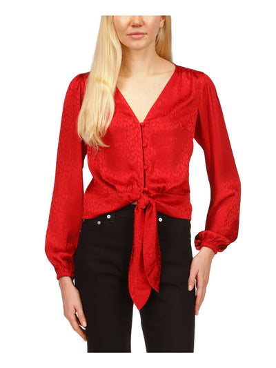 MICHAEL MICHAEL KORS Womens Red Long Sleeve V Neck Button Up Top M