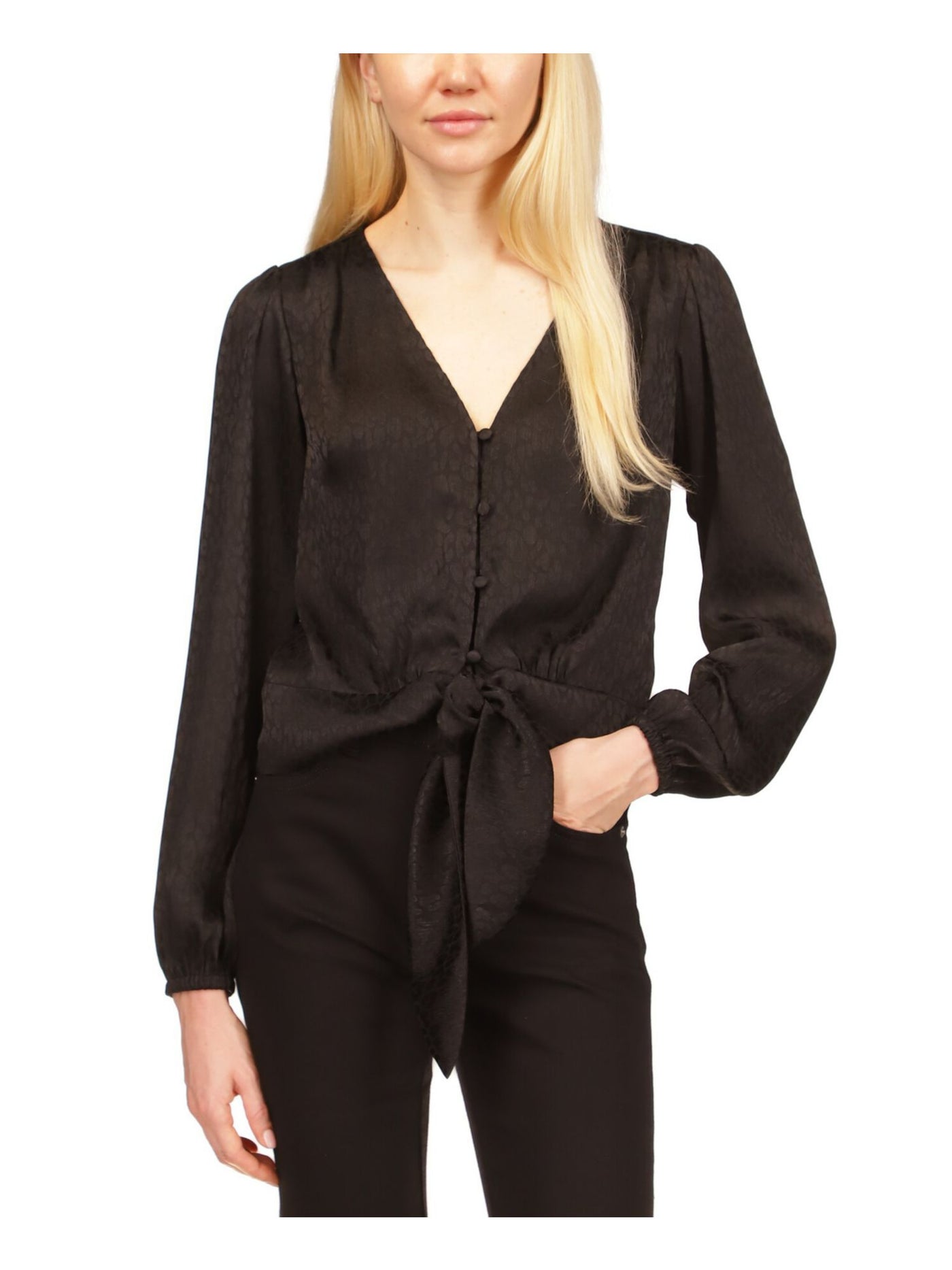 MICHAEL MICHAEL KORS Womens Black Long Sleeve V Neck Cocktail Button Up Top XS