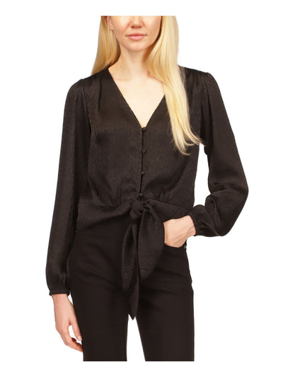 MICHAEL MICHAEL KORS Womens Black Long Sleeve V Neck Button Up Top Petites P\S