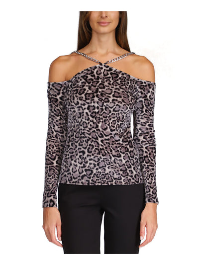 MICHAEL MICHAEL KORS Womens Gray Cold Shoulder Unlined Chain Pullover Animal Print Long Sleeve Halter Cocktail Top XL