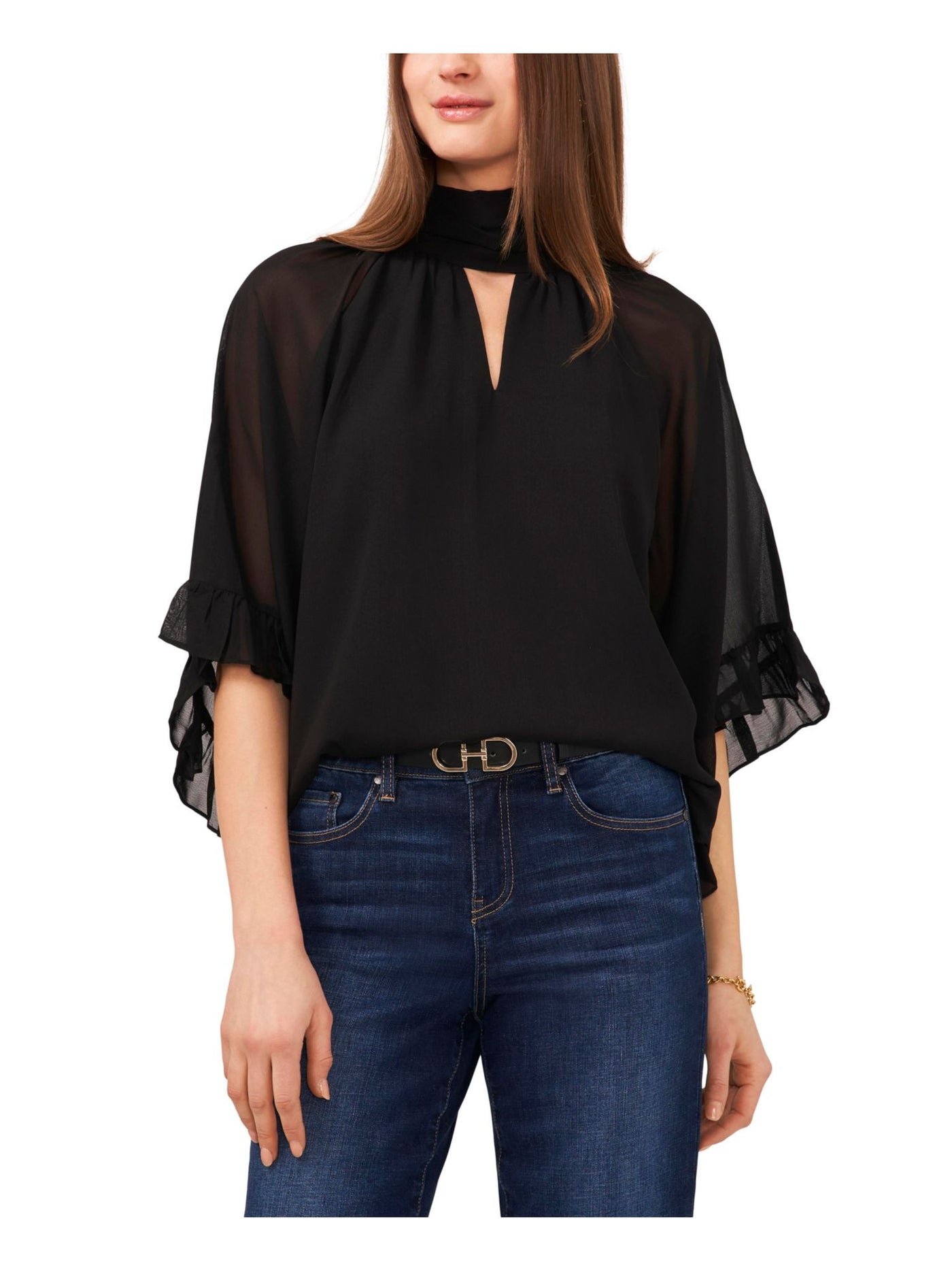 VINCE CAMUTO Womens Black Ruffled Sheer Cutout Front Keyhole Back Lined 3/4 Sleeve Mock Neck Party Top S