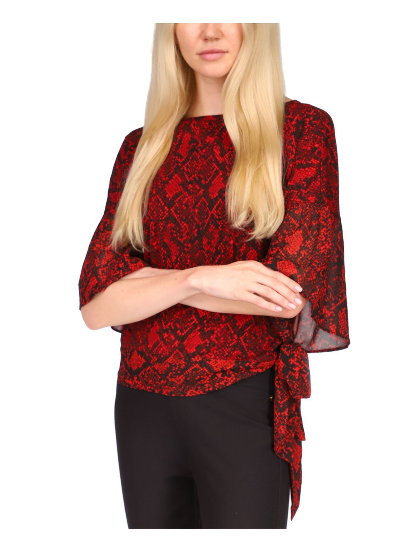 MICHAEL MICHAEL KORS Womens Red Ruffled Tie Hem Bell Sleeve Crew Neck Top XS