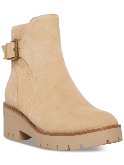 AQUA COLLEGE Womens Beige Padded Waterproof Buckle Accent Lug Sole Desiree Almond Toe Block Heel Zip-Up Leather Booties 9.5 M