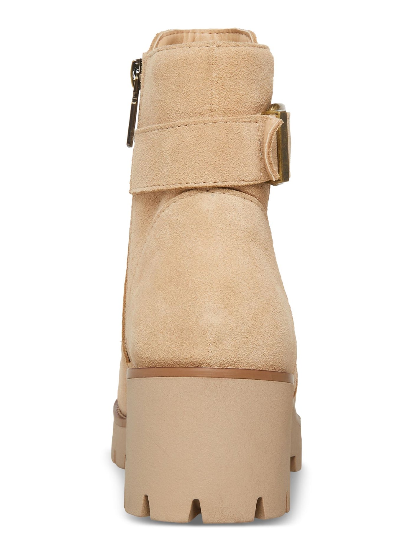 AQUA COLLEGE Womens Beige Padded Waterproof Buckle Accent Lug Sole Desiree Almond Toe Block Heel Zip-Up Leather Booties 9.5 M